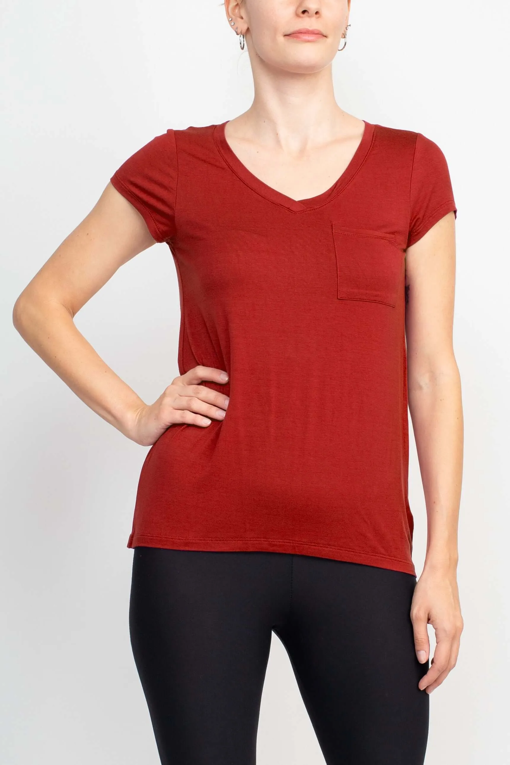 Cable & Guage Scoop Neck Short Sleeve Pocket Solid ITY Top