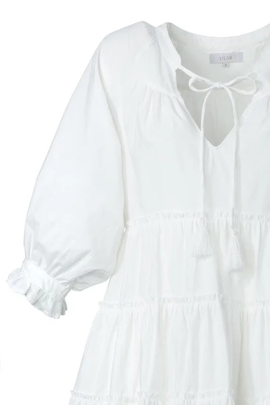 Tassel Front Tie Bubble Sleeve Tiered Mini Dress